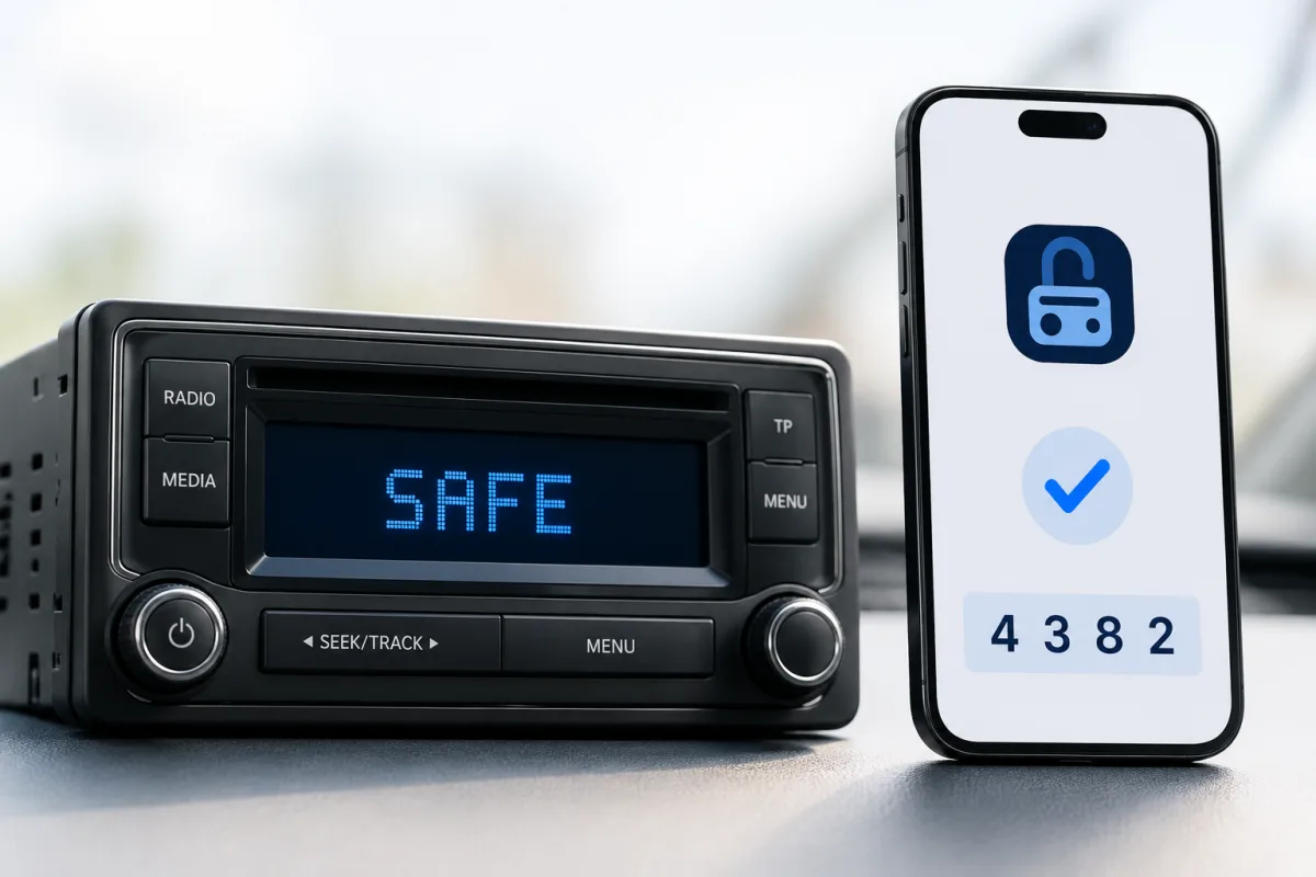Car radio with the unlock code shown on a phone